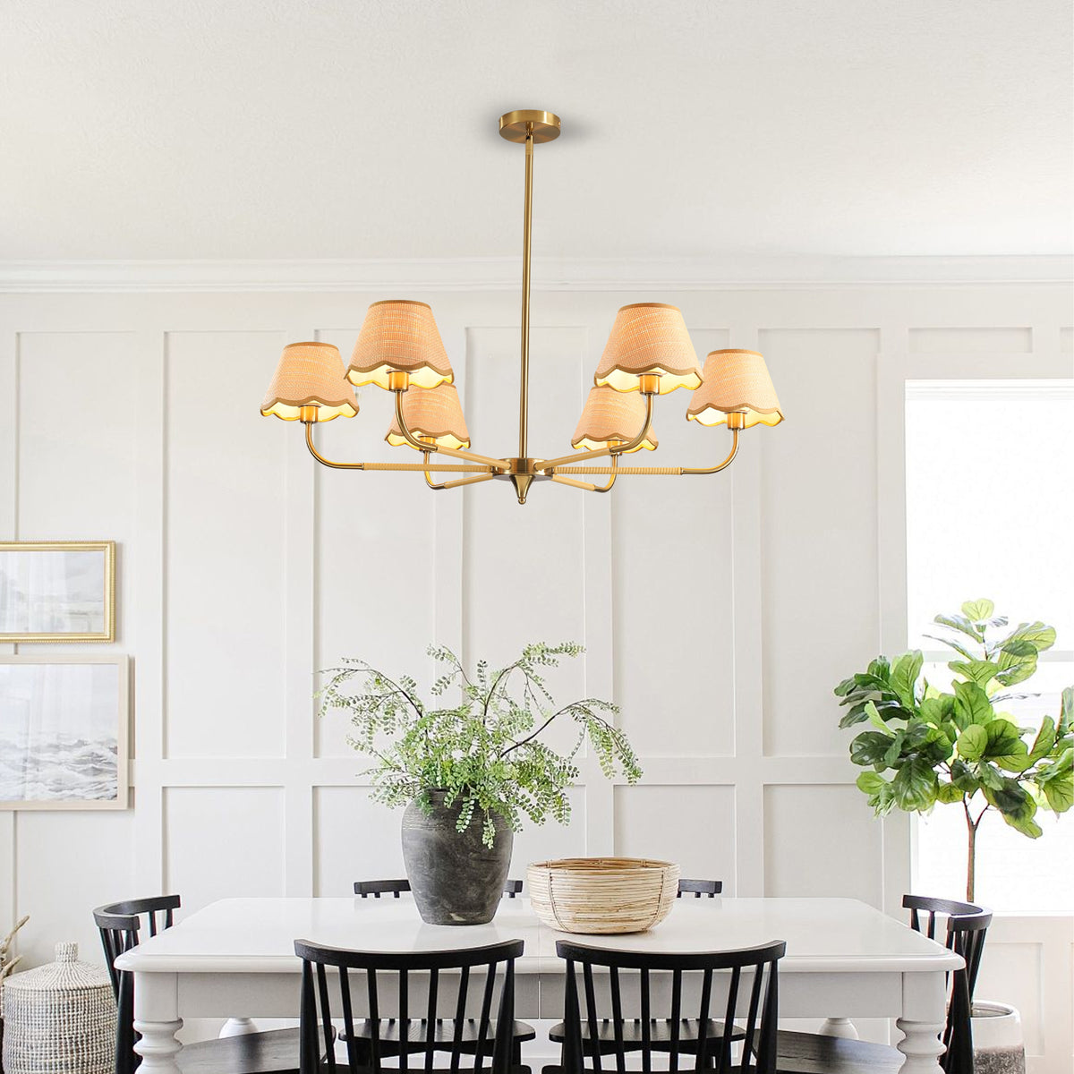 Golden Mid-Century 6-Light Chandelier, Iron and Rattan