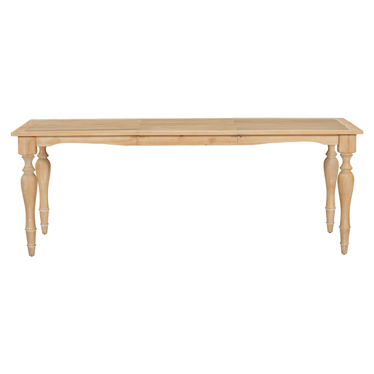 Front elevation of the extendable solid wood dining table showing four turned legs, white background