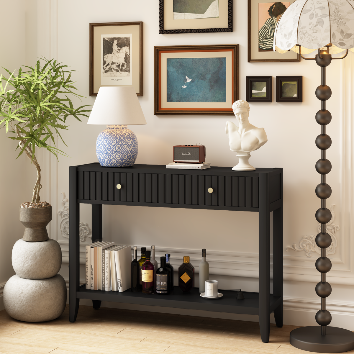 Black Entryway Console Table with Storage, 39.4 in Wide