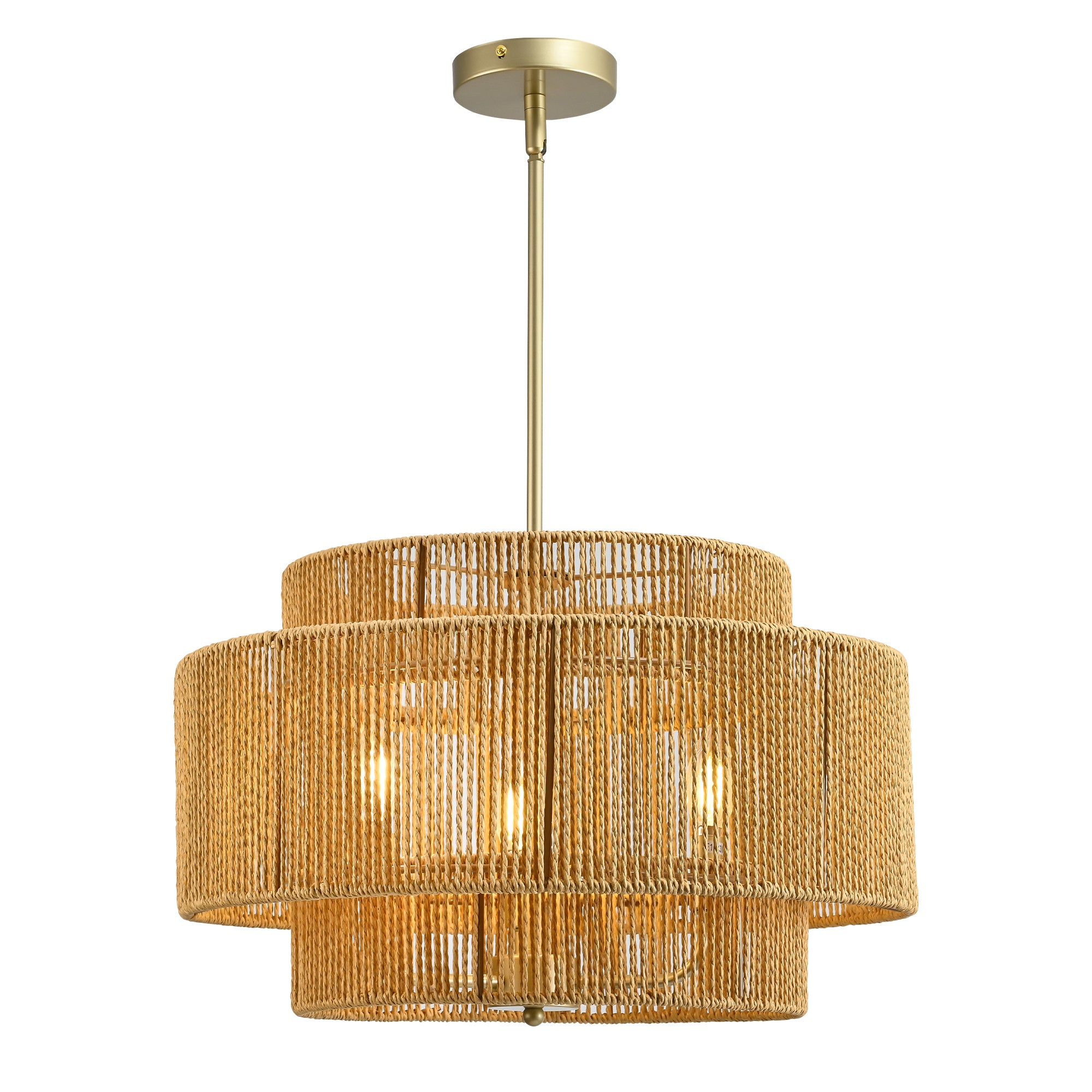 Beige and Yellow Rustic 3-Light Chandelier, 22 in, Paper Rope