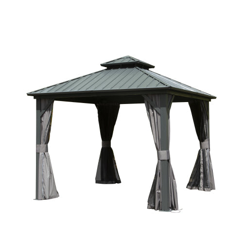 8x8 ft Gray Aluminum Double Roof Hardtop Gazebo with Netting and Curtains