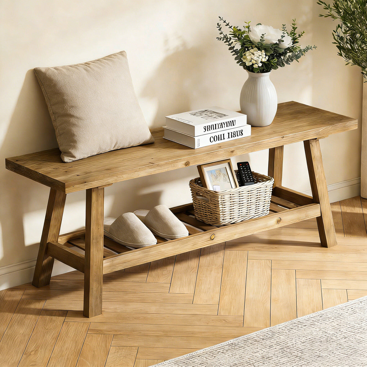 Natural Solid Wood Entryway Bench, 43.3 in Wide