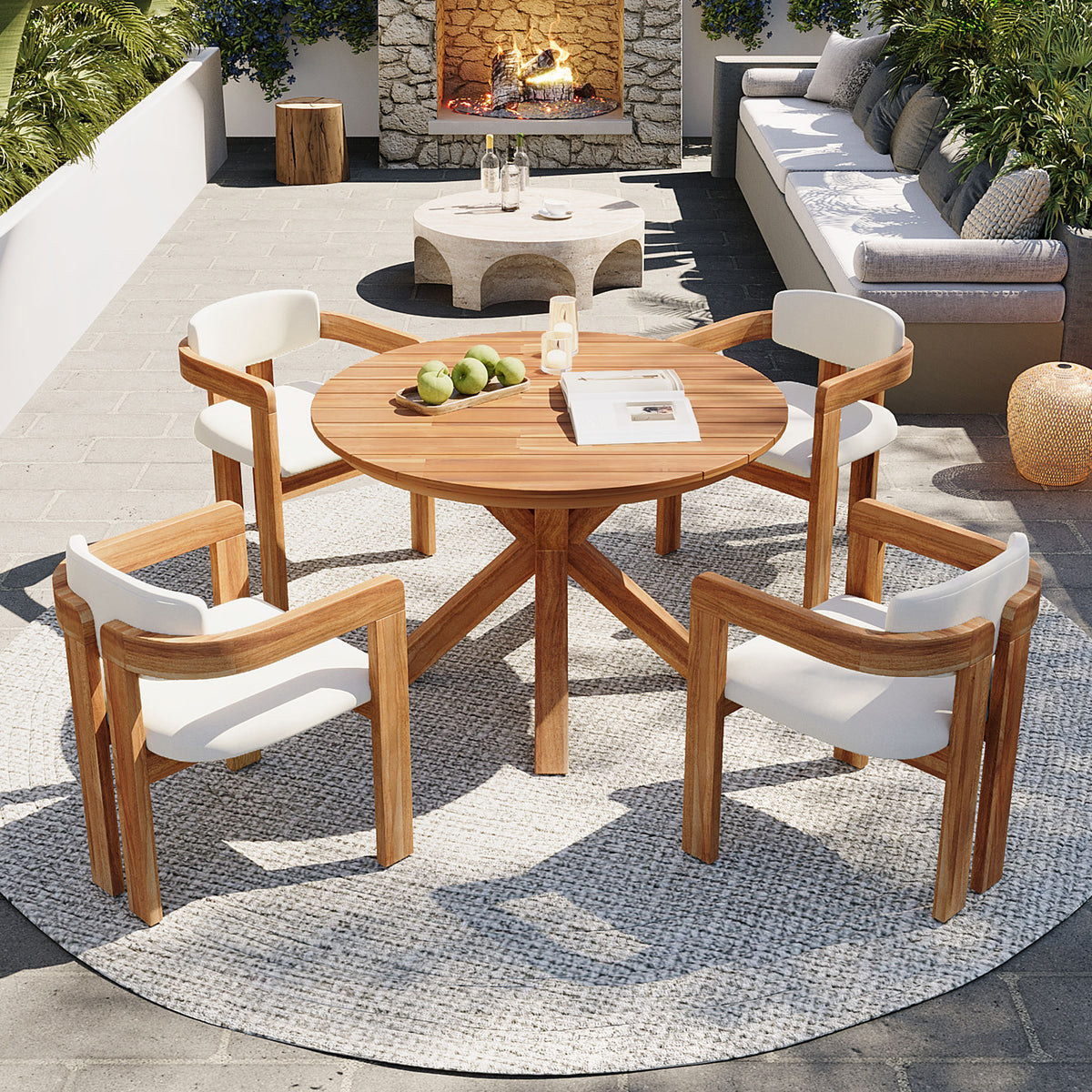 Natural Solid Wood 5-Piece Patio Dining Set for 4 with Beige Cushions