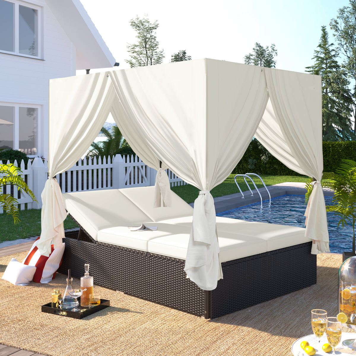 Beige Rattan Adjustable Outdoor Double Chaise Lounge with Cushions