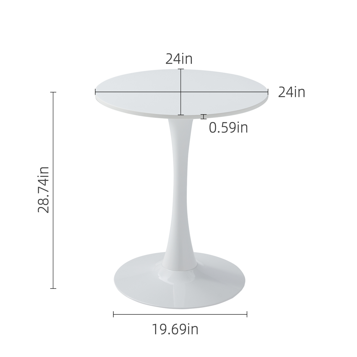 Dimension diagram of the white round bistro table showing a 24 inch top and 28.74 inch height