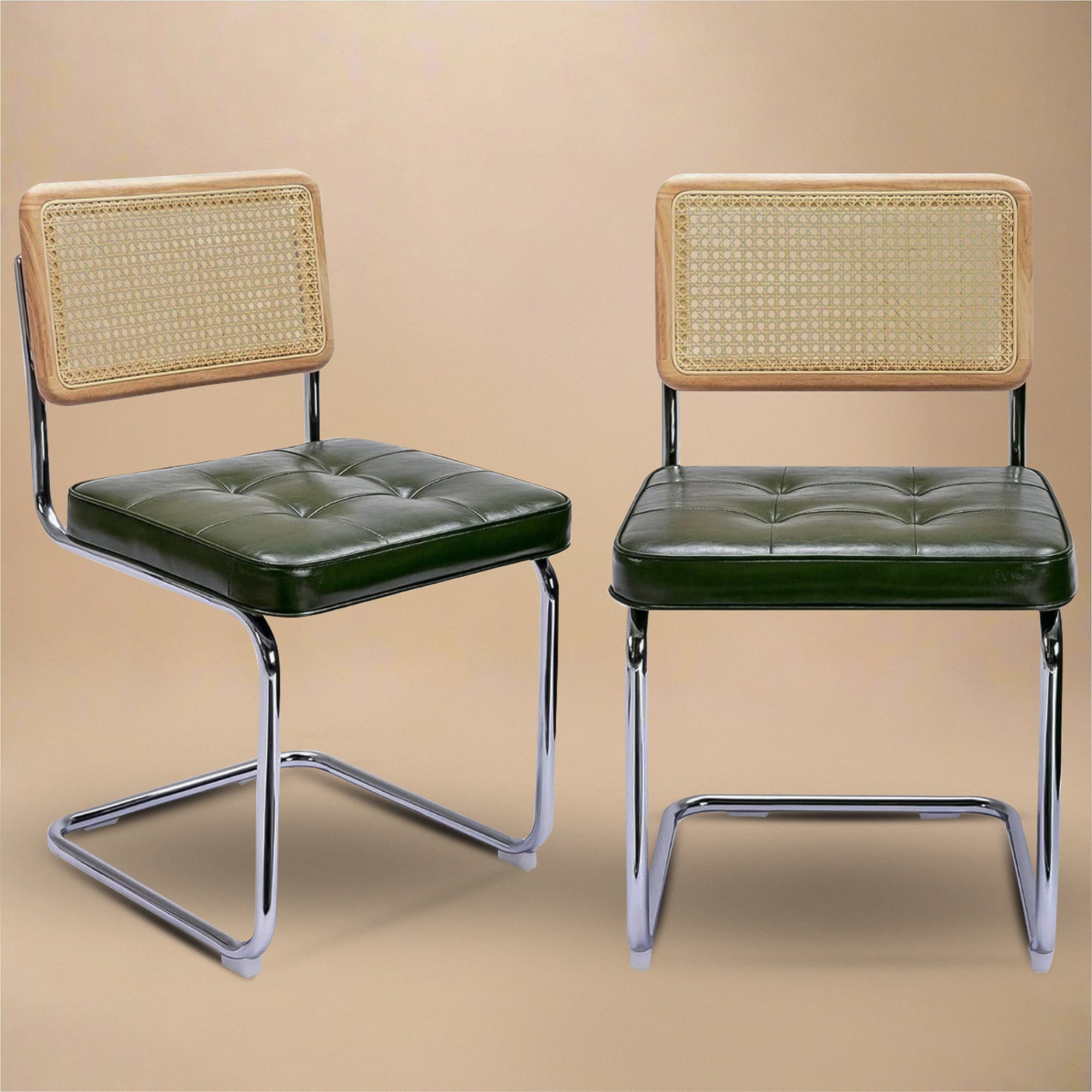 Rattan Dining Chairs – Set of 2, Green Vegan Leather