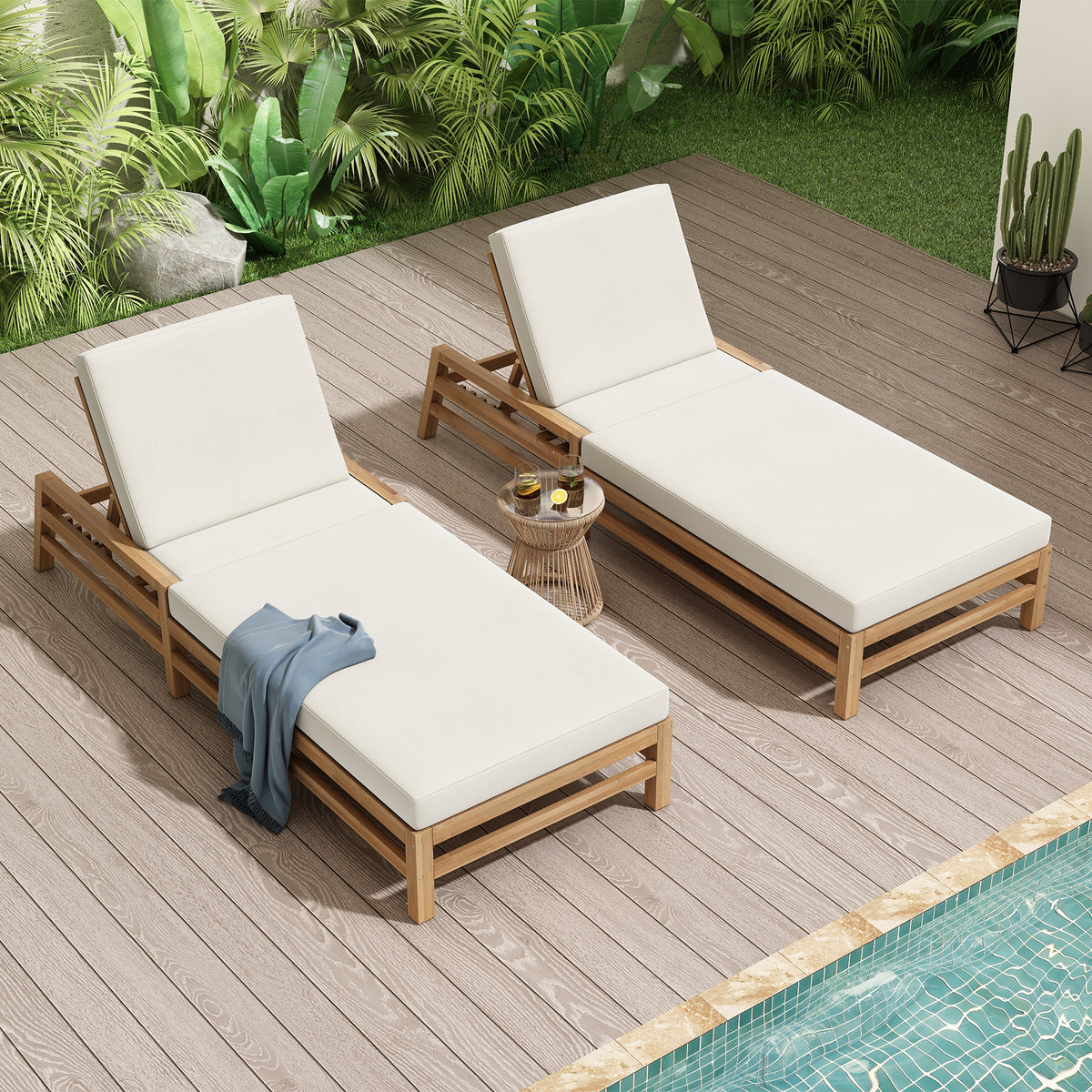 Light Teak Finish Solid Wood Adjustable Outdoor Chaise Lounge, Set of 2