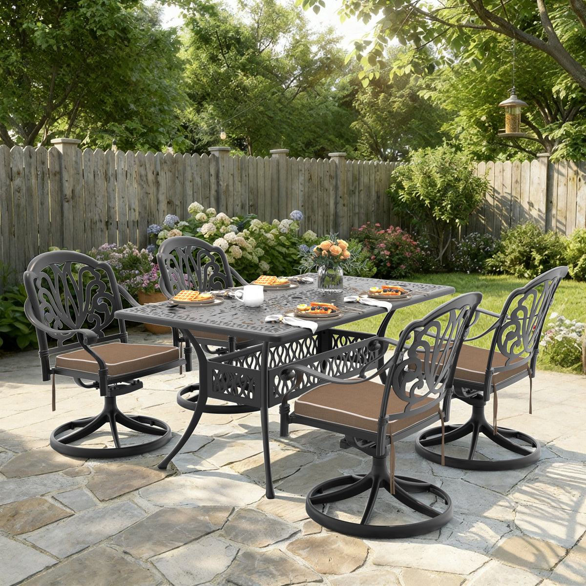 Black Aluminum 5-Piece Patio Dining Set for 4 with Cushions, Swivel
