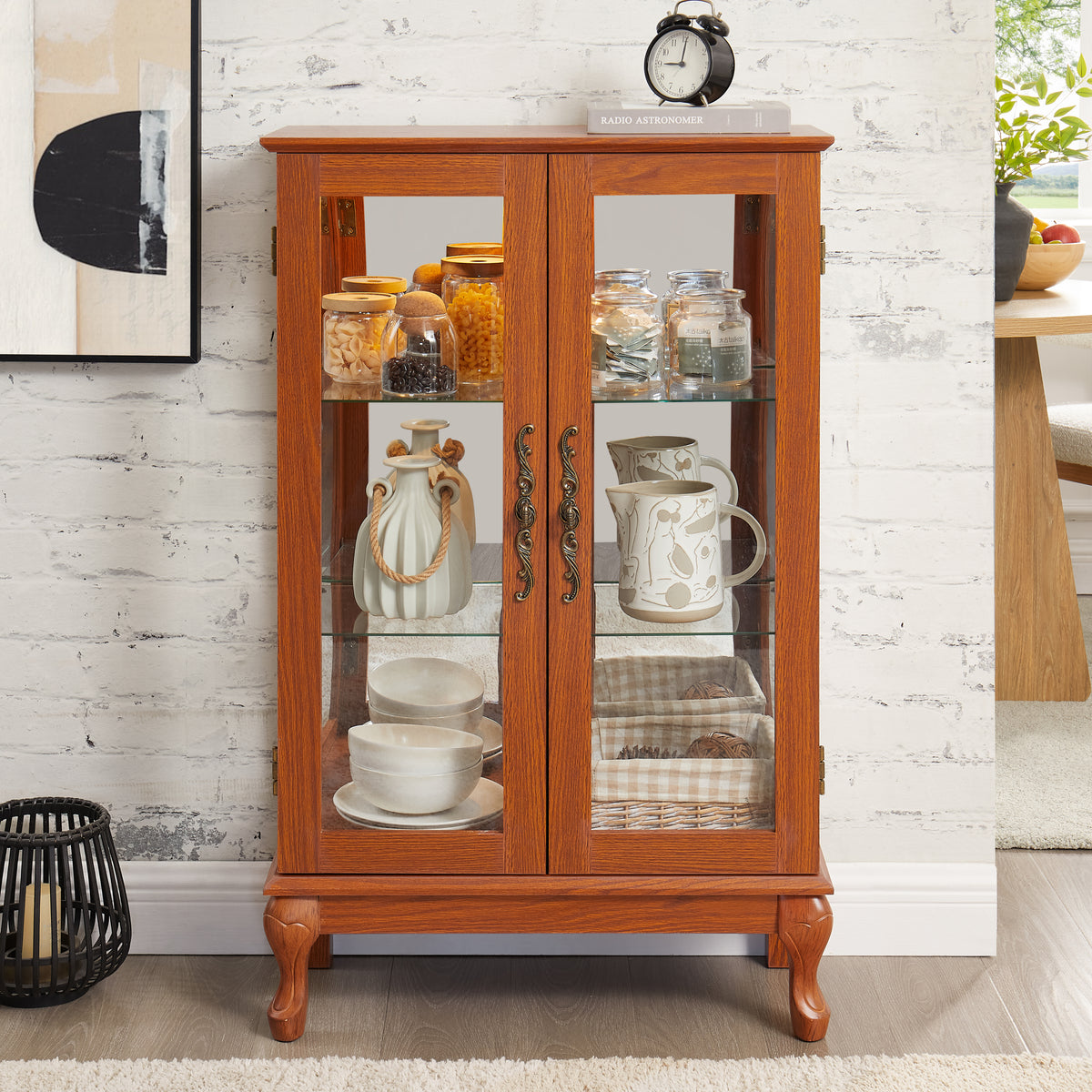 2-Door Glass Display Cabinet, Dark Oak, Lighted Mirrored Back