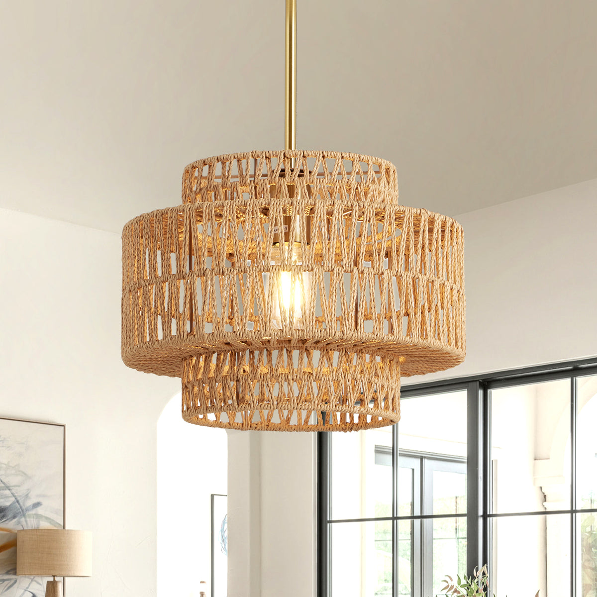 Brown Farmhouse Dimmable Pendant Light, 13 in, Rattan Shade