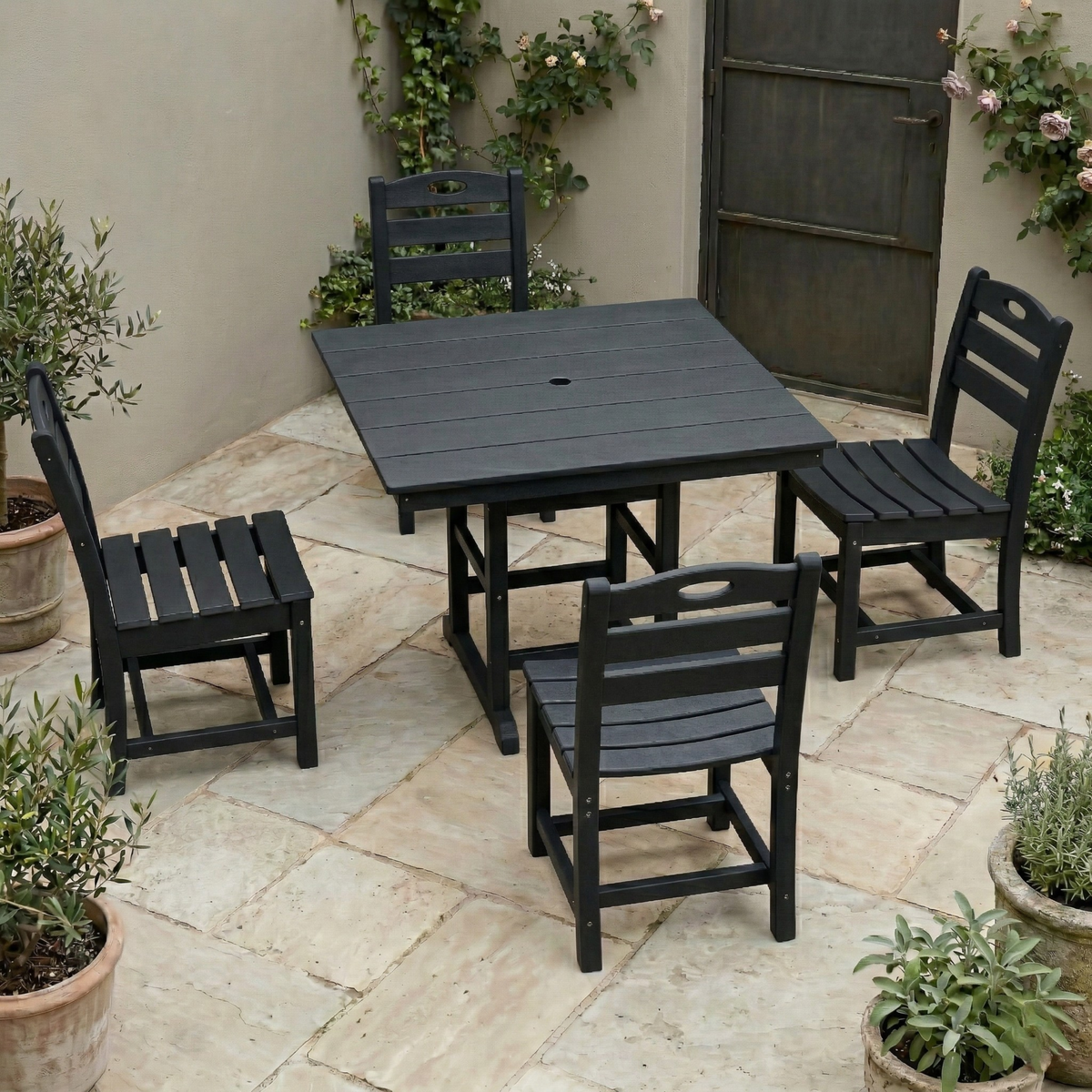 Black HDPE 5-Piece Patio Dining Set for 4 with Umbrella Hole