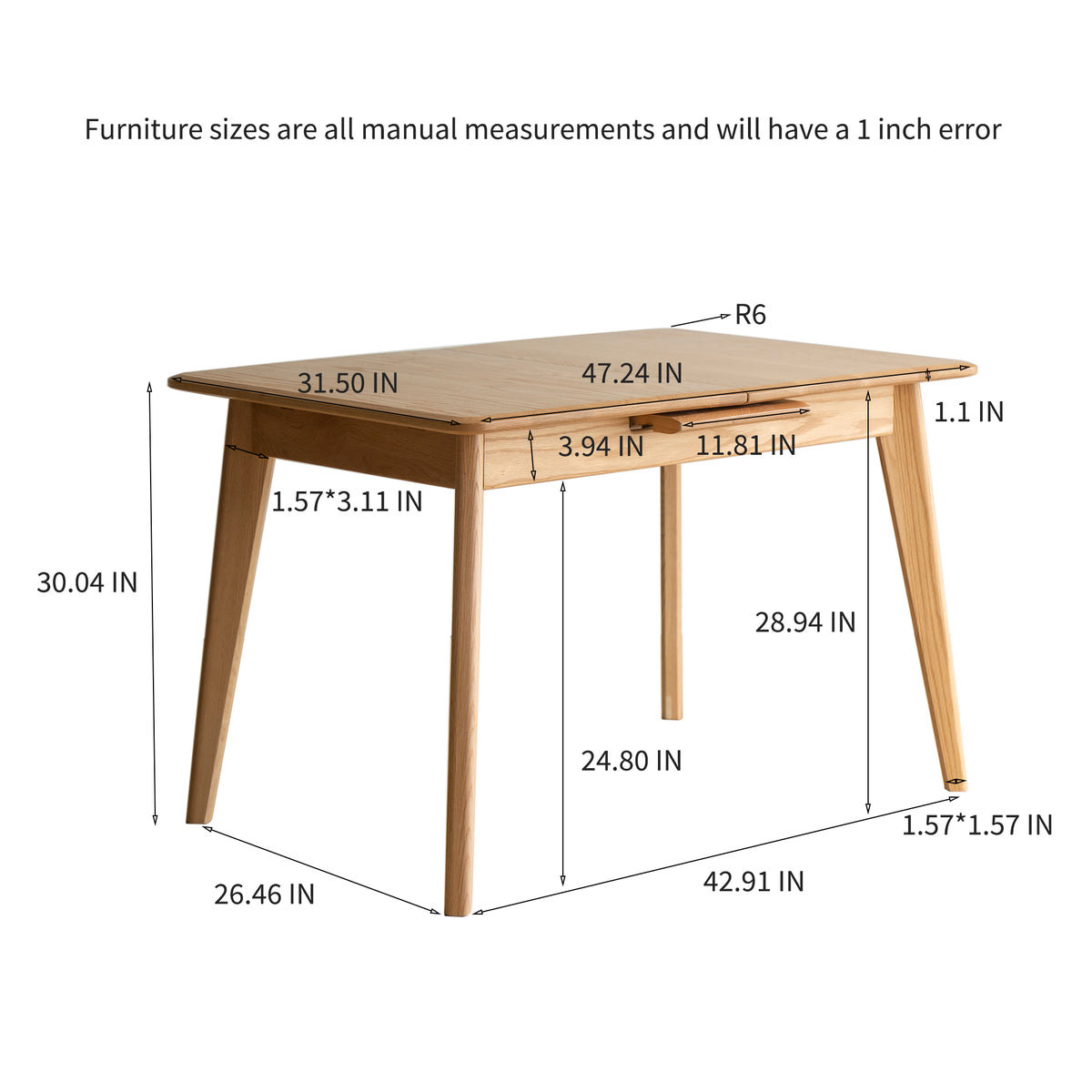Dimension diagram of the oak table, 31.5 inches wide, 47.24 inches long, 30.04 inches tall