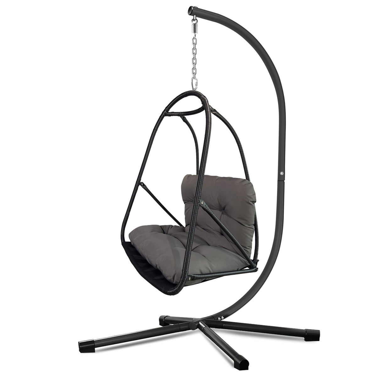 Black Wicker Folding Hanging Egg Chair with Stand, with Cup Holder