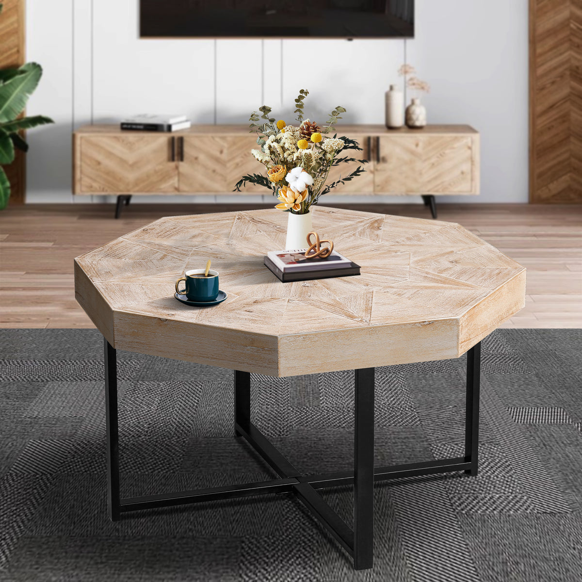Whitewashed Oak Farmhouse Octagonal Patchwork Coffee Table, 29.1 in
