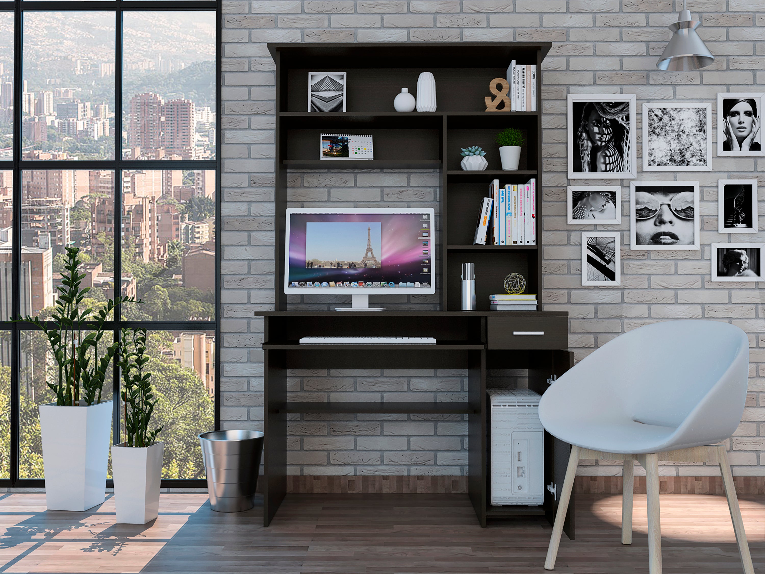 Modern Computer Desk with Hutch, 2 Drawers, 43.3 in, Wenge