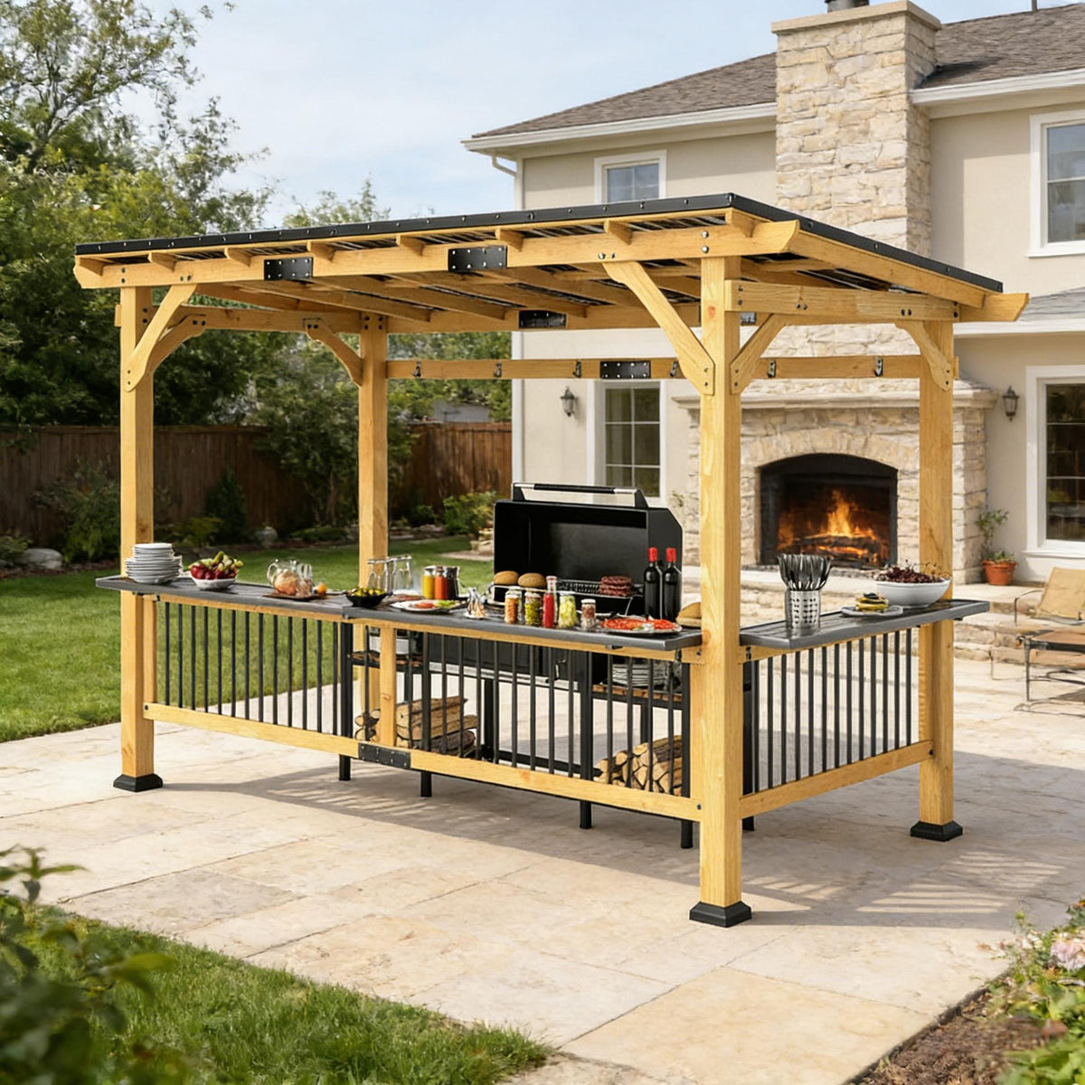 Solid Wood Hardtop Gazebo with Side Shelves