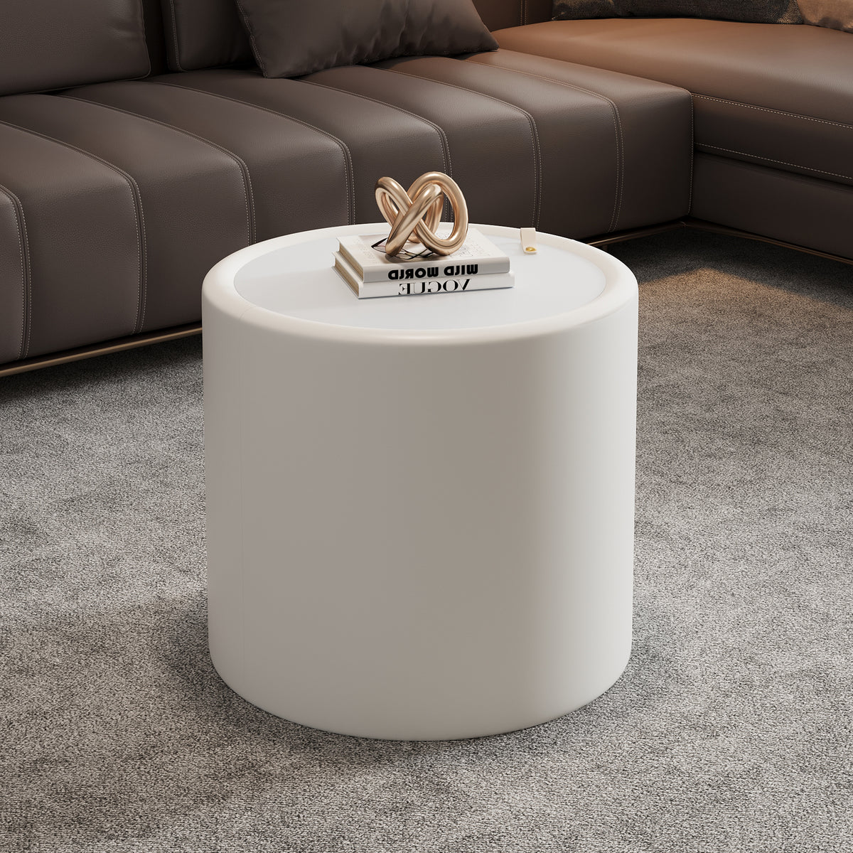 Cream Faux Leather Glass-Top Drum Side Table with Storage, 19.7 in