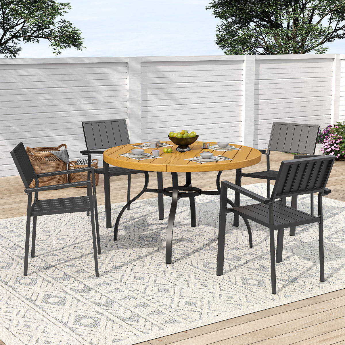 Black Metal Stackable 5-Piece Patio Dining Set for 4 with Umbrella Hole, Round
