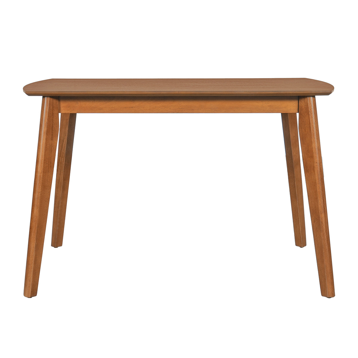 End view of the brown mid-century dining table with tapered legs, plain white background