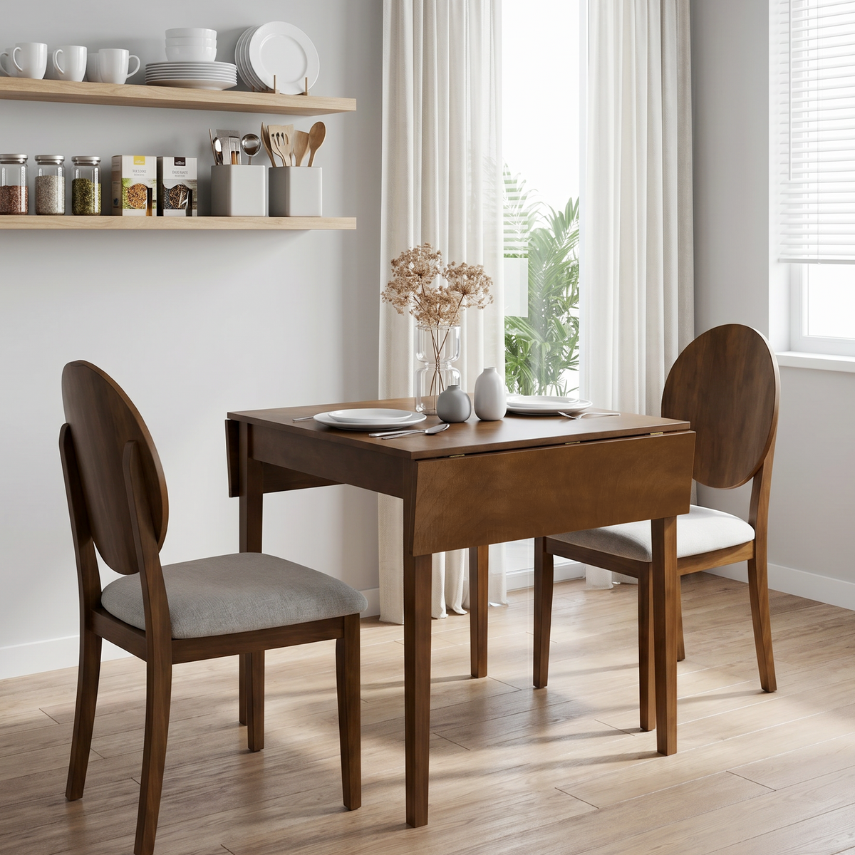 Walnut drop-leaf dining table with two oval-back chairs in a bright kitchen corner, angled view