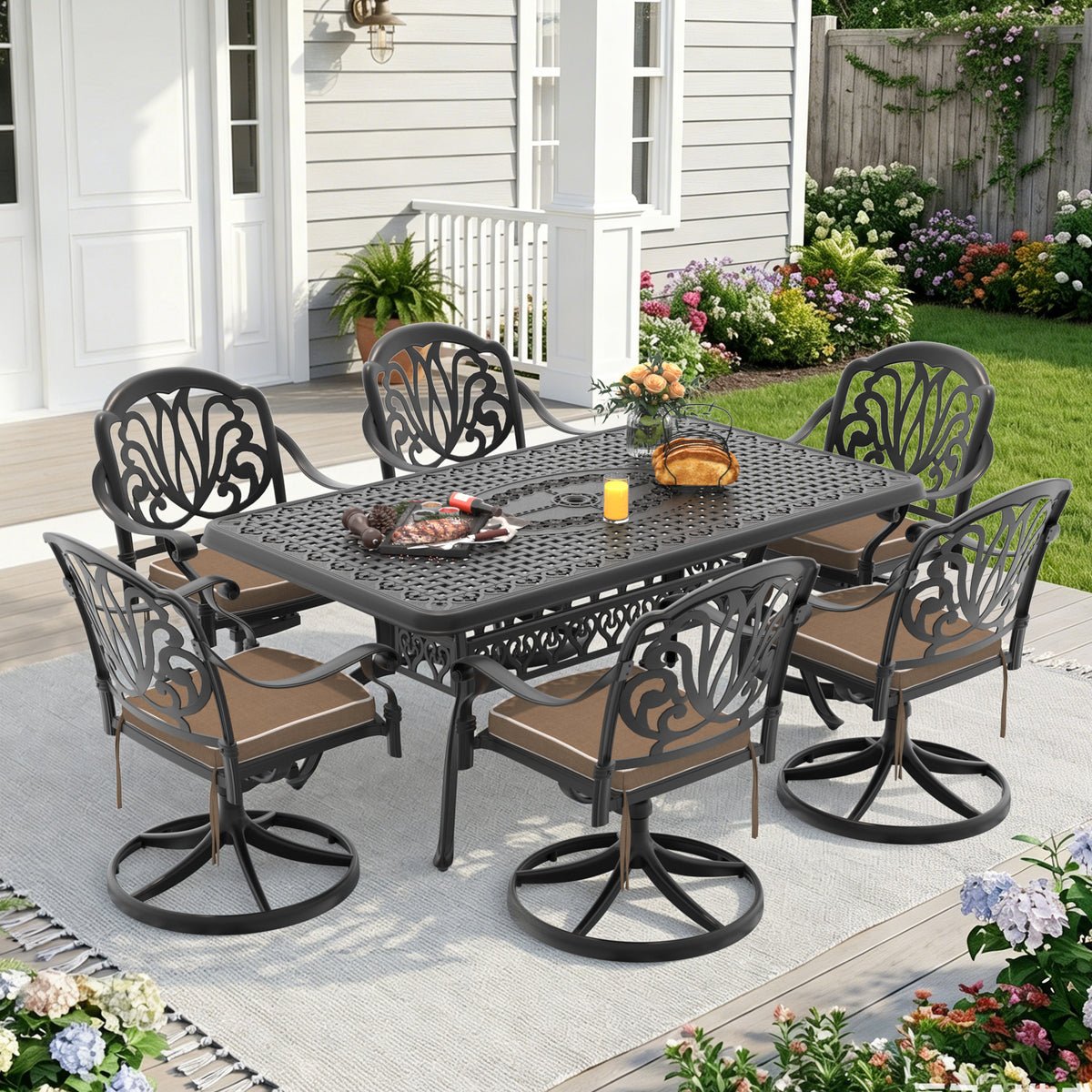 Black Aluminum 7-Piece Patio Dining Set for 6 with Cushions