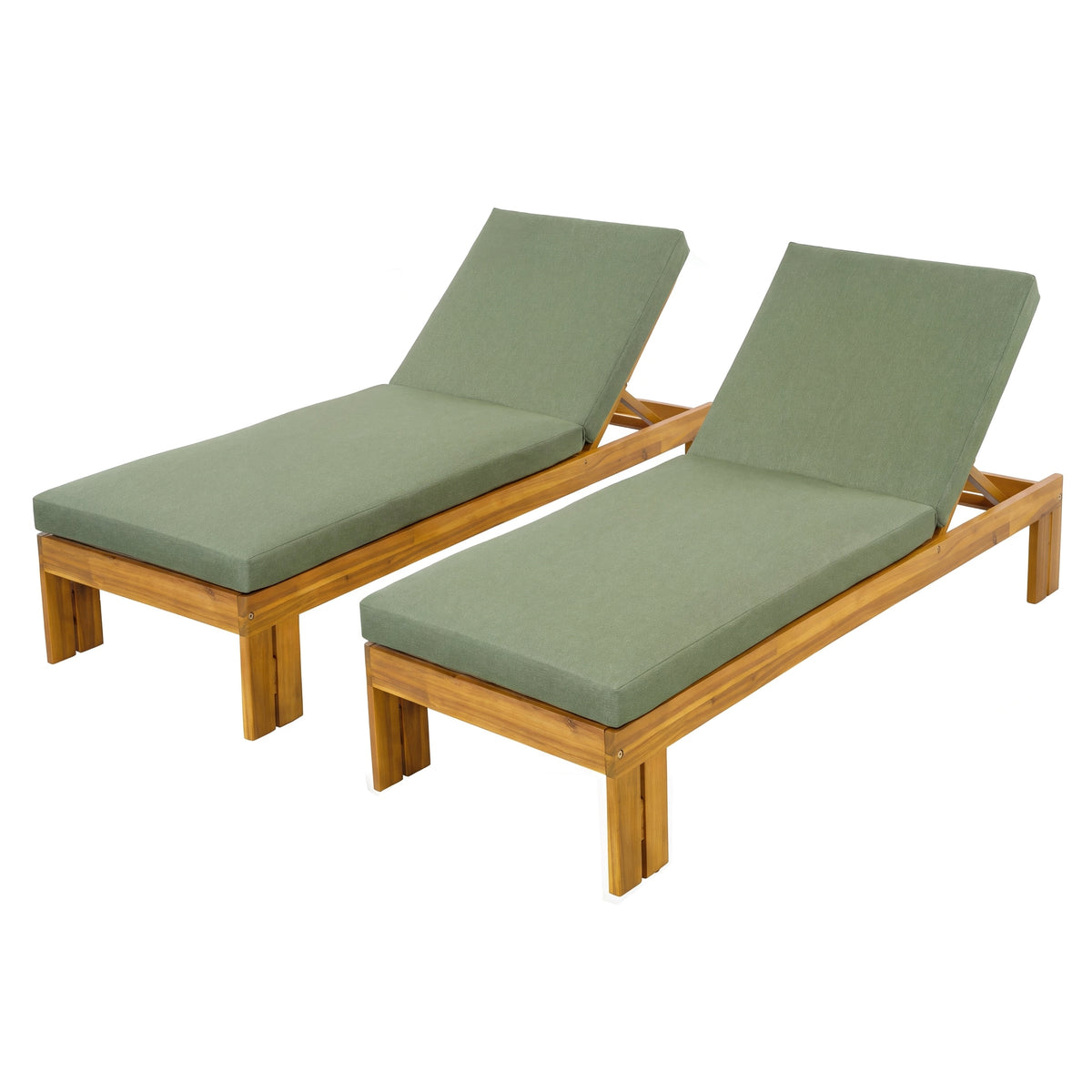 Teak Finish Solid Wood Adjustable Outdoor Chaise Lounge, Set of 2, Green Cushion