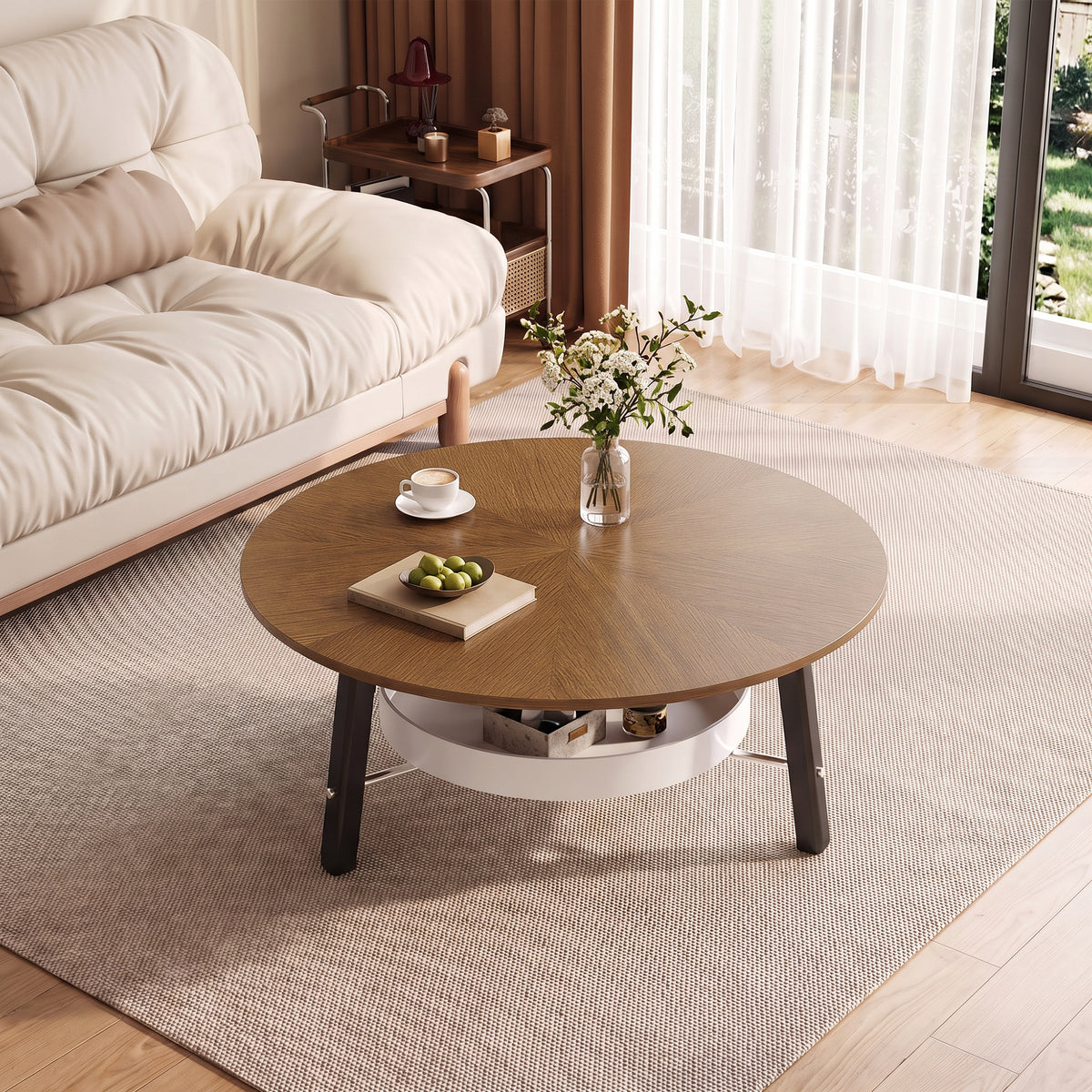 Walnut Round Coffee Table with Storage Shelf, 35.4 in