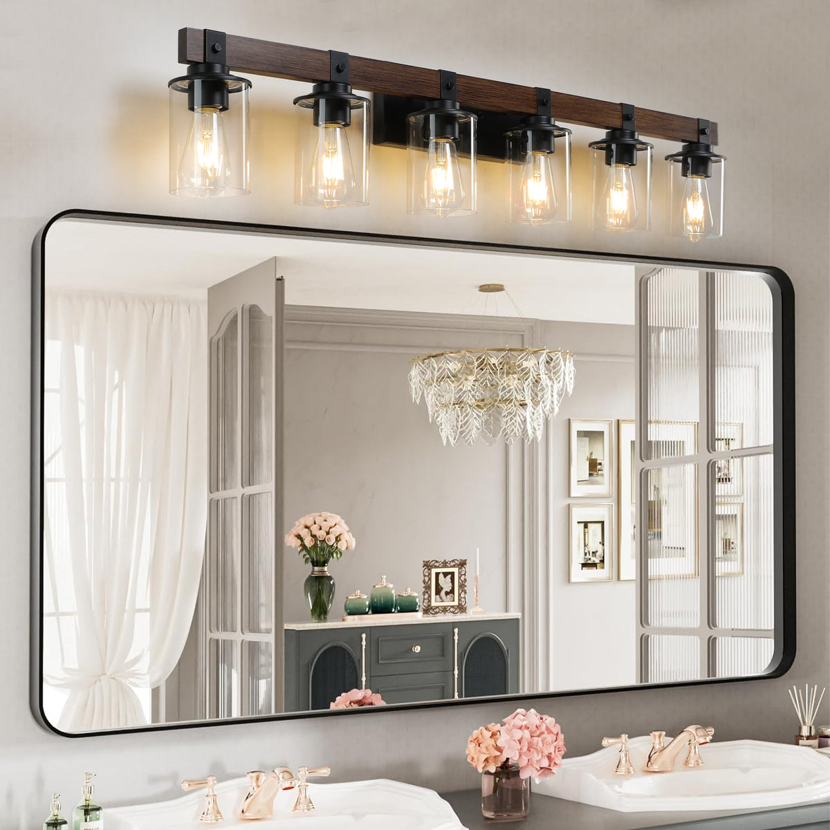 Vanity Light, 6-Light Iron with Walnut Wood Accent
