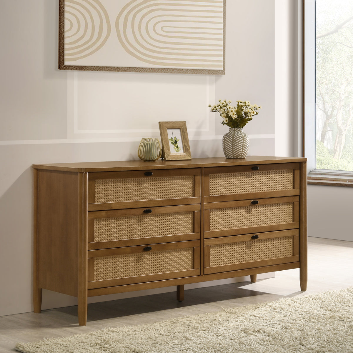 Rattan Front 6-Drawer Dresser, 59 in Wide, Brown Wood