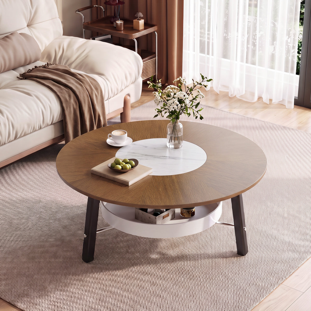 Walnut Round Coffee Table with Sintered Stone Inlay and Shelf, 35.4 in