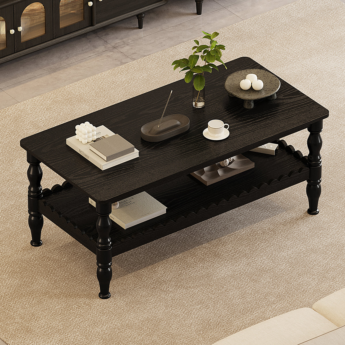 Black Farmhouse Turned-Leg Rectangular Coffee Table with Shelf, 43.3 in