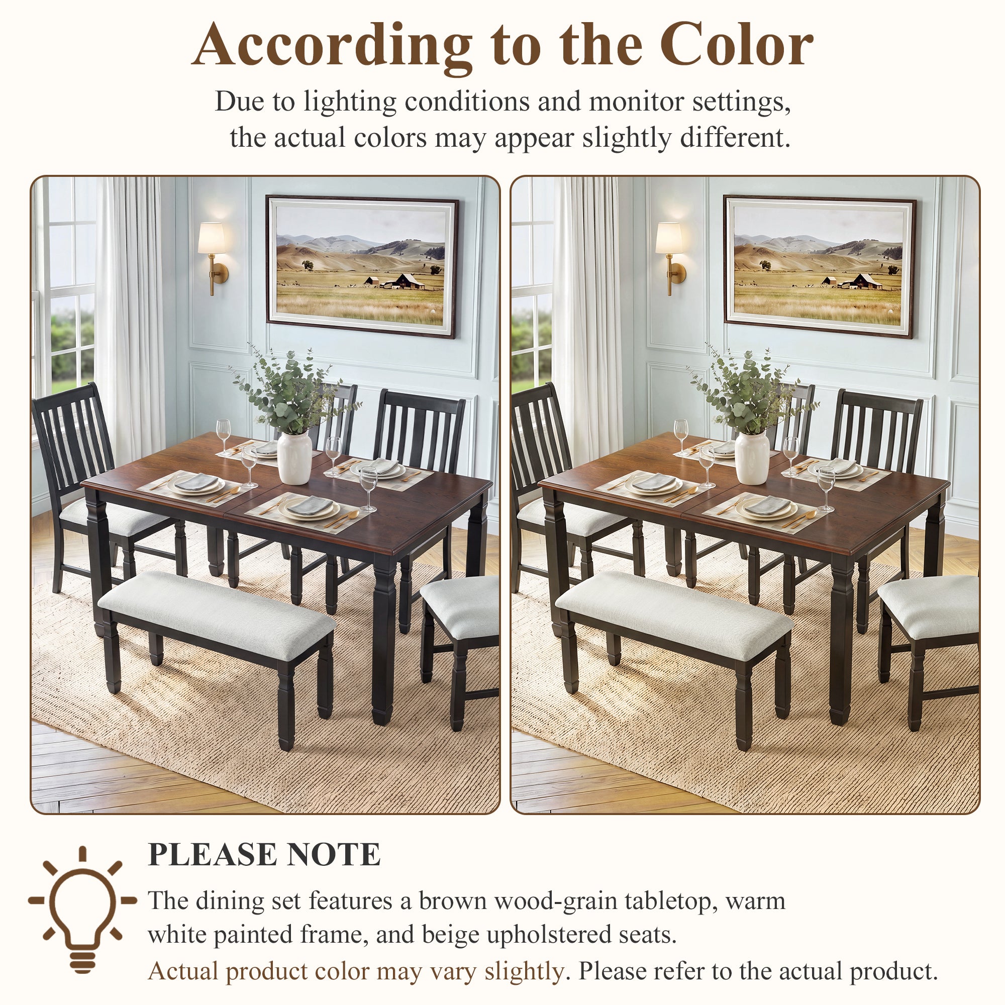 Note graphic with two styled dining set photos explaining actual color may vary slightly