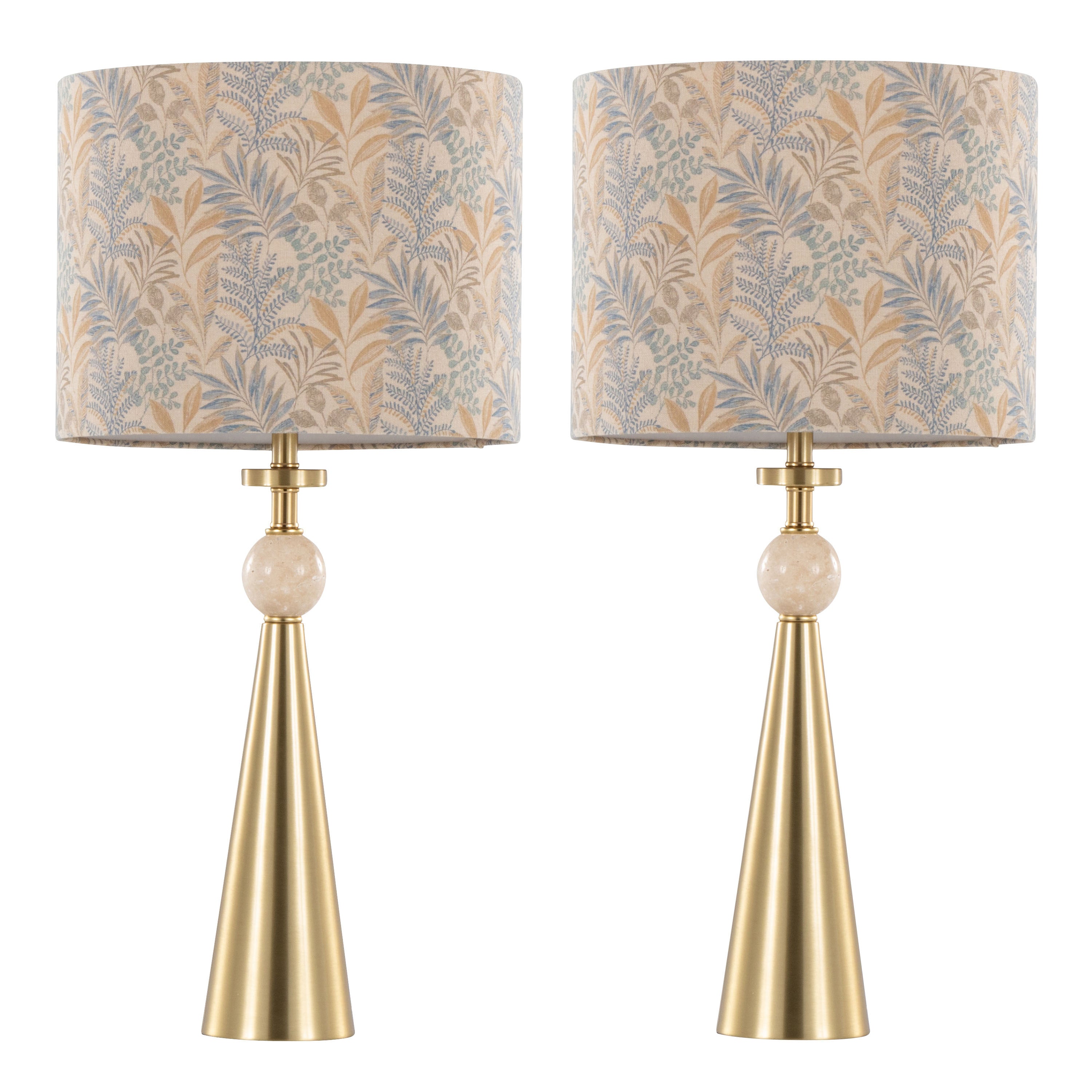 Gold and Tan Table Lamp, 28 in, Fabric and Metal and Stone