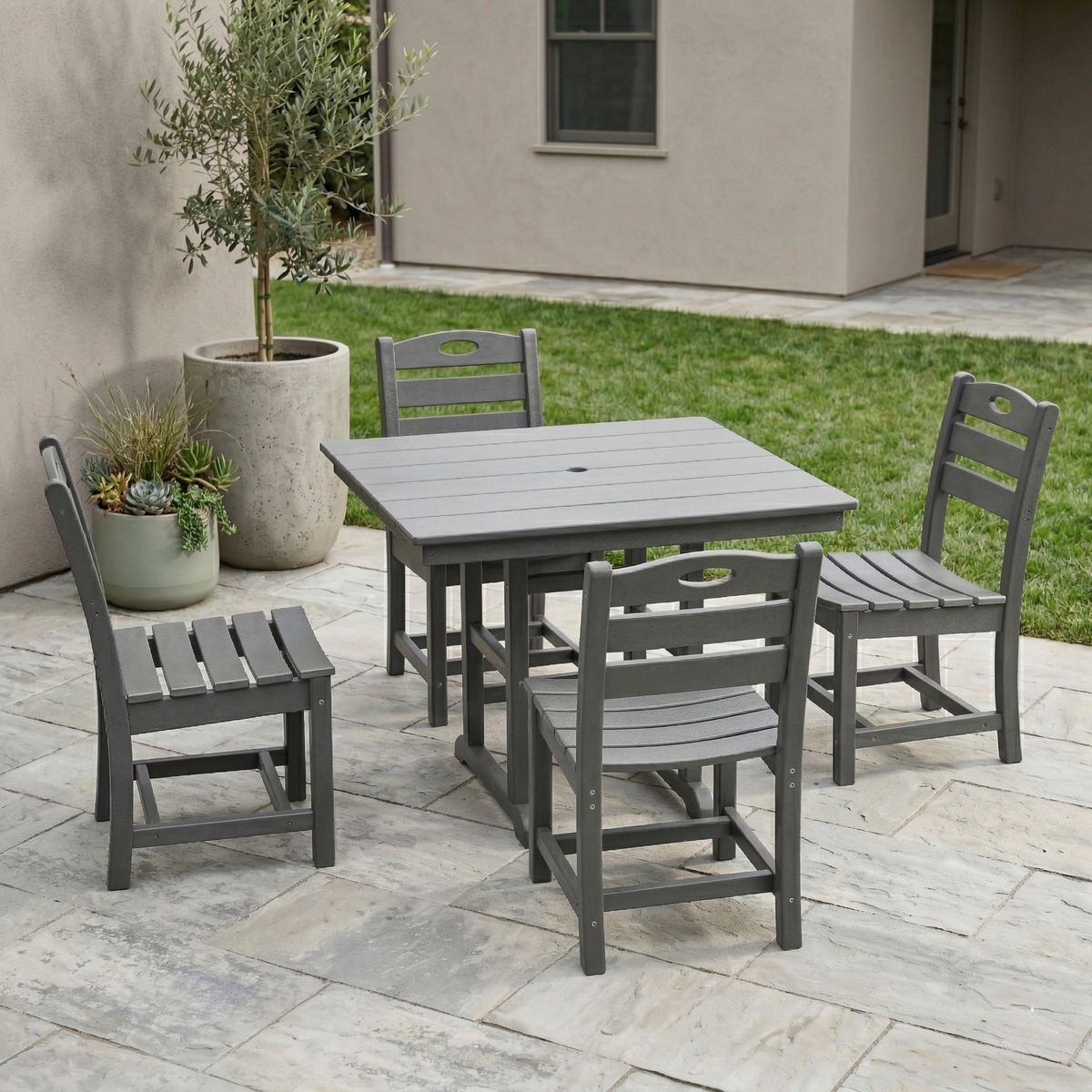 Gray HDPE 5-Piece Patio Dining Set for 4 with Umbrella Hole