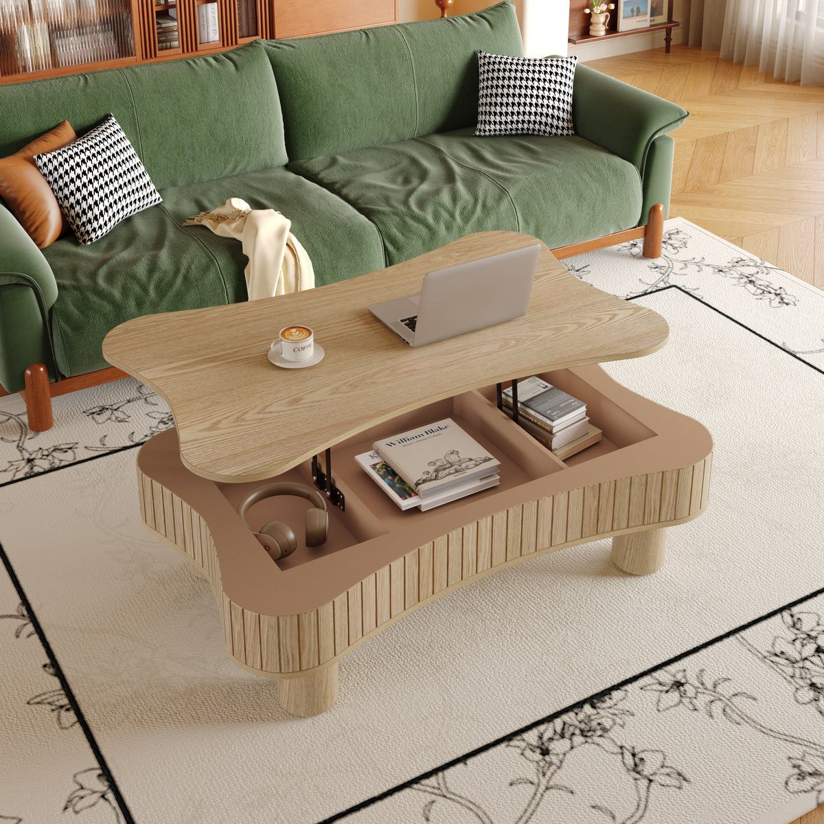 Natural Fluted Irregular Lift-Top Coffee Table with Storage, 42.5 in