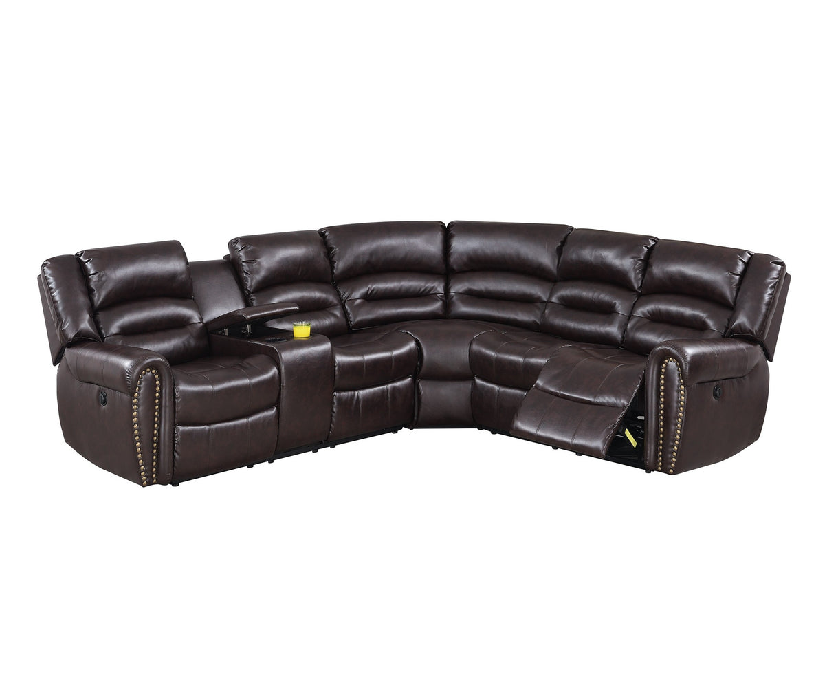 Brown Bonded Leather Power L-Shaped Reclining Sectional, 111 in Wide
