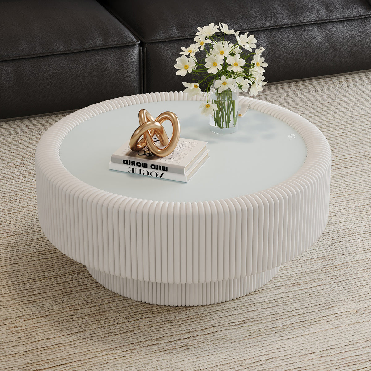 White Glass-Top Round Fluted Coffee Table with Storage, 31.5 in