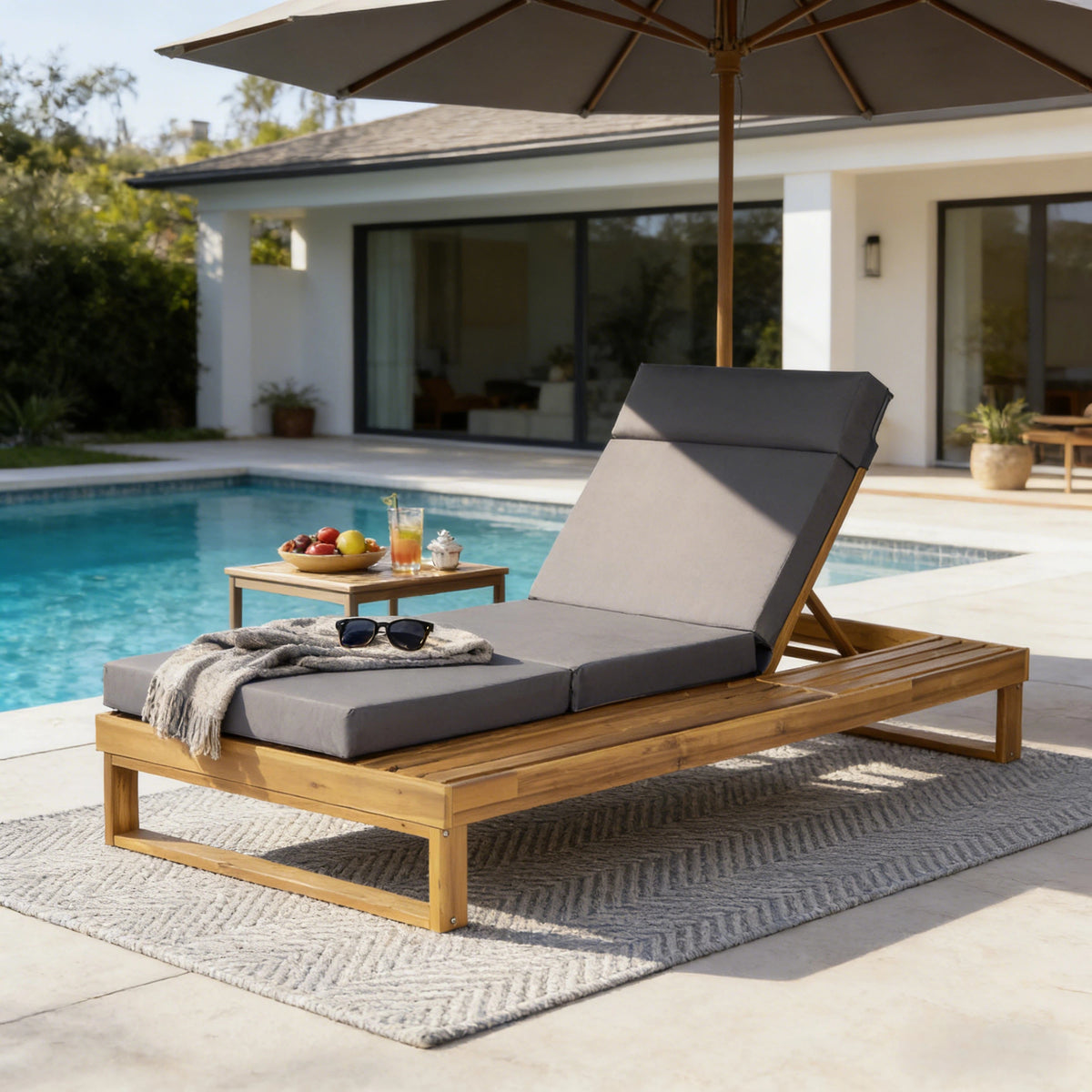 Teak Finish Solid Wood Outdoor Chaise Lounge, Dark Gray Cushion, 4-Fold Cushion