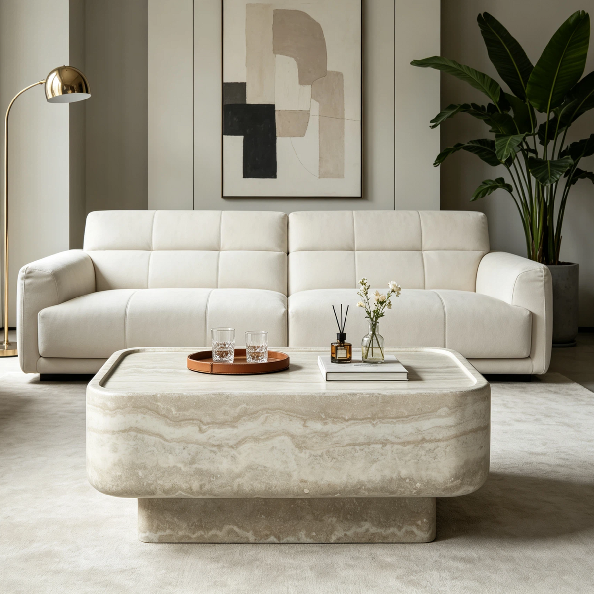 Beige Fiberglass Travertine-Look Rectangular Coffee Table, 31.5 in
