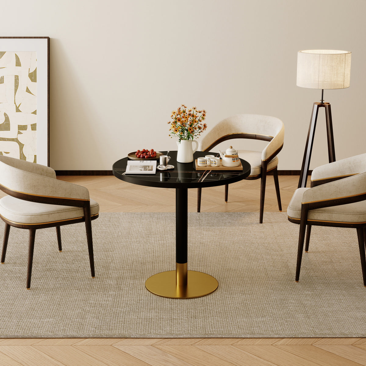 Living room setting with the round black dining table styled with a tea set, flowers and chairs