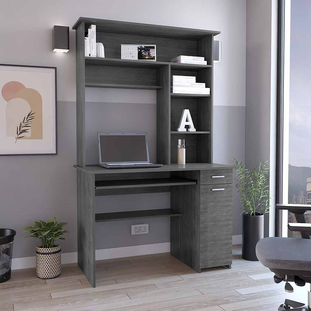 Solid Wood Computer Desk with Hutch, 43.3 in, Oak