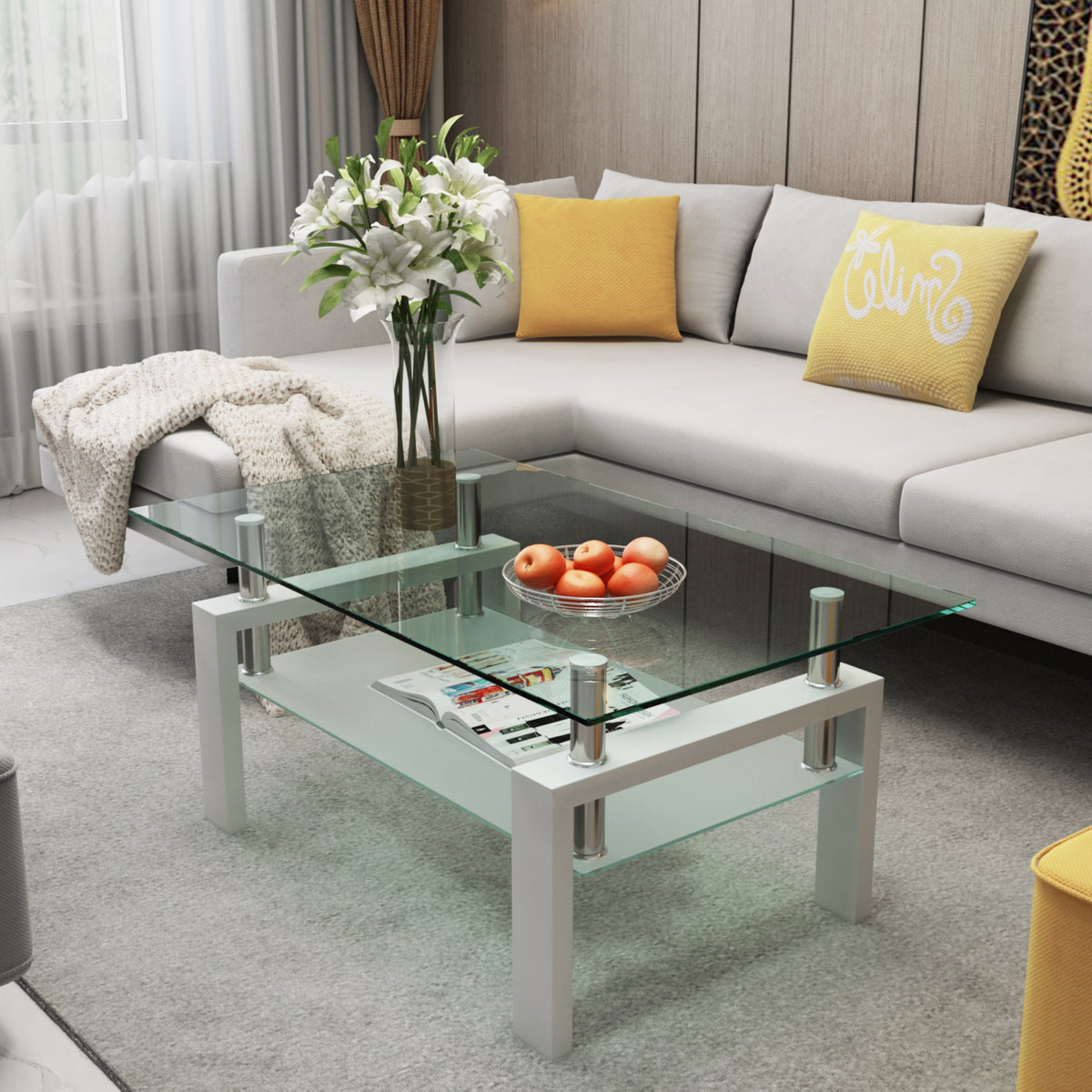 White Glass-Top Two-Tier Rectangular Coffee Table, 38.6 in