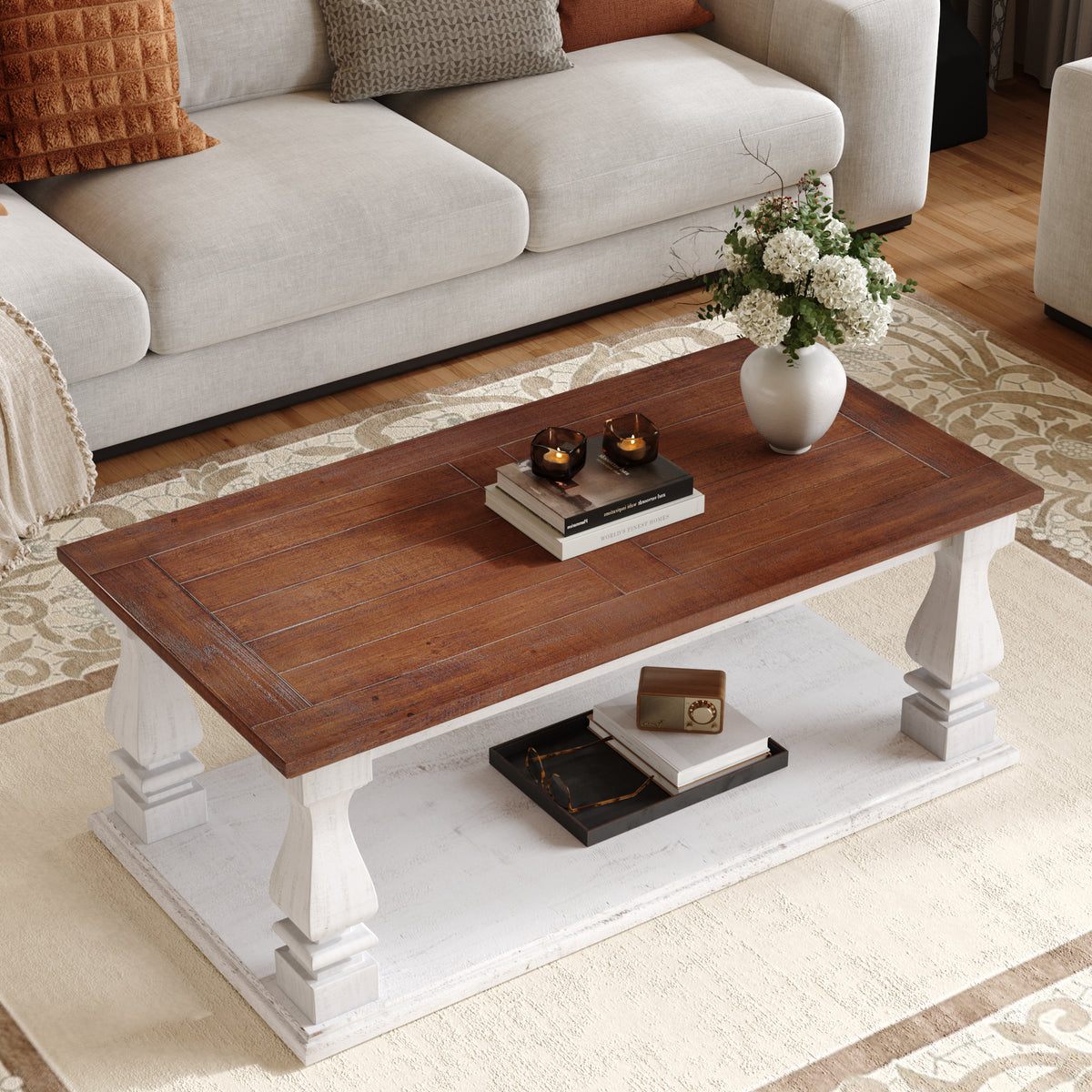 Walnut and White Farmhouse Baluster-Leg Coffee Table with Shelf, 47.2 in