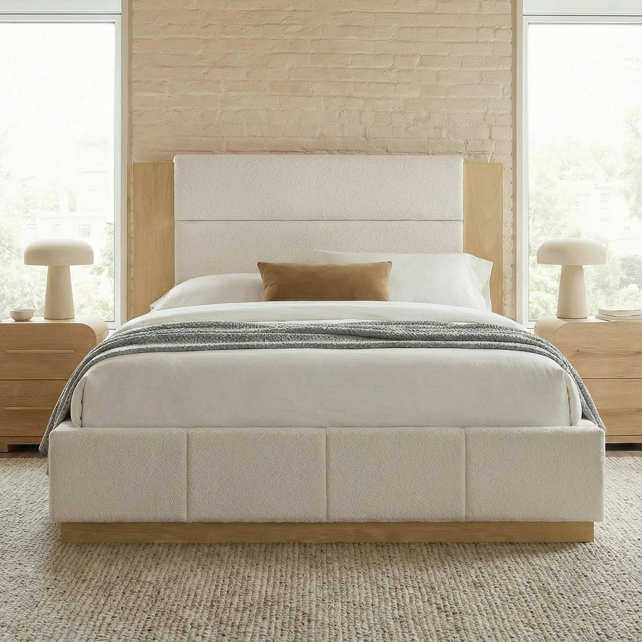 White boucle upholstered queen bed, front view, light oak extended headboard, styled with white bedding #Color_White Boucle