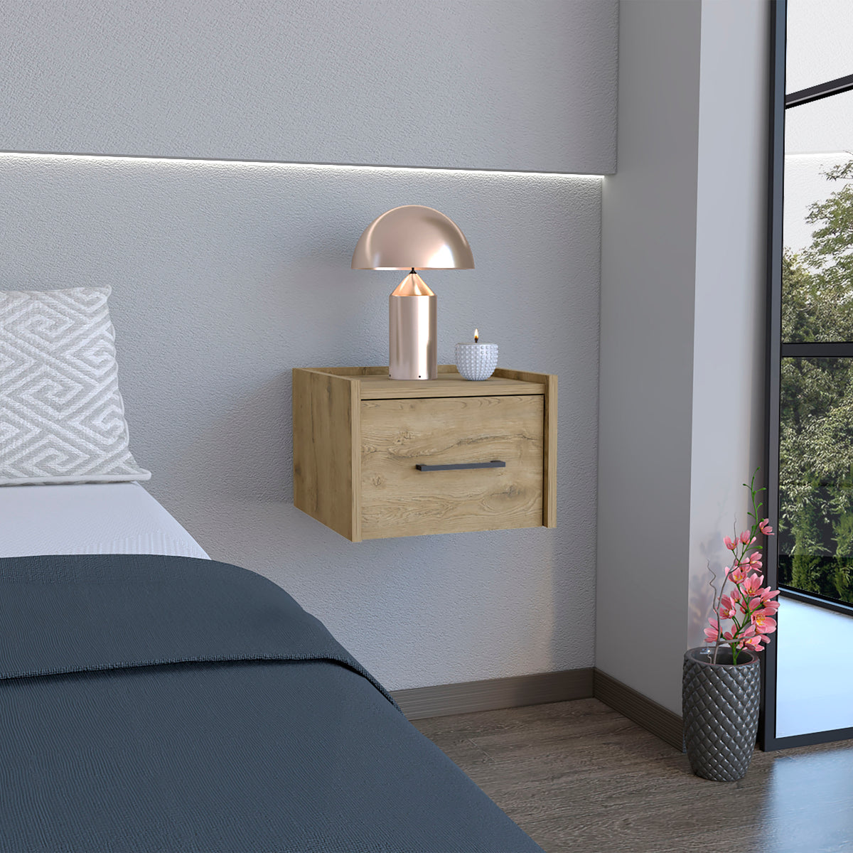 Natural Oak Floating Wall-Mounted Nightstand with Drawer and Open Shelf