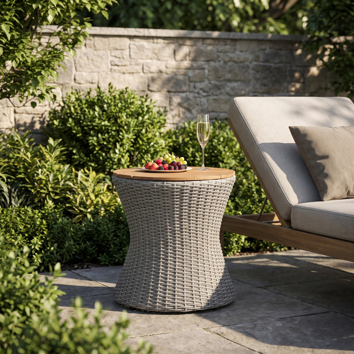 Round Outdoor Side Table, Natural Wood Top, Grey Wicker Base