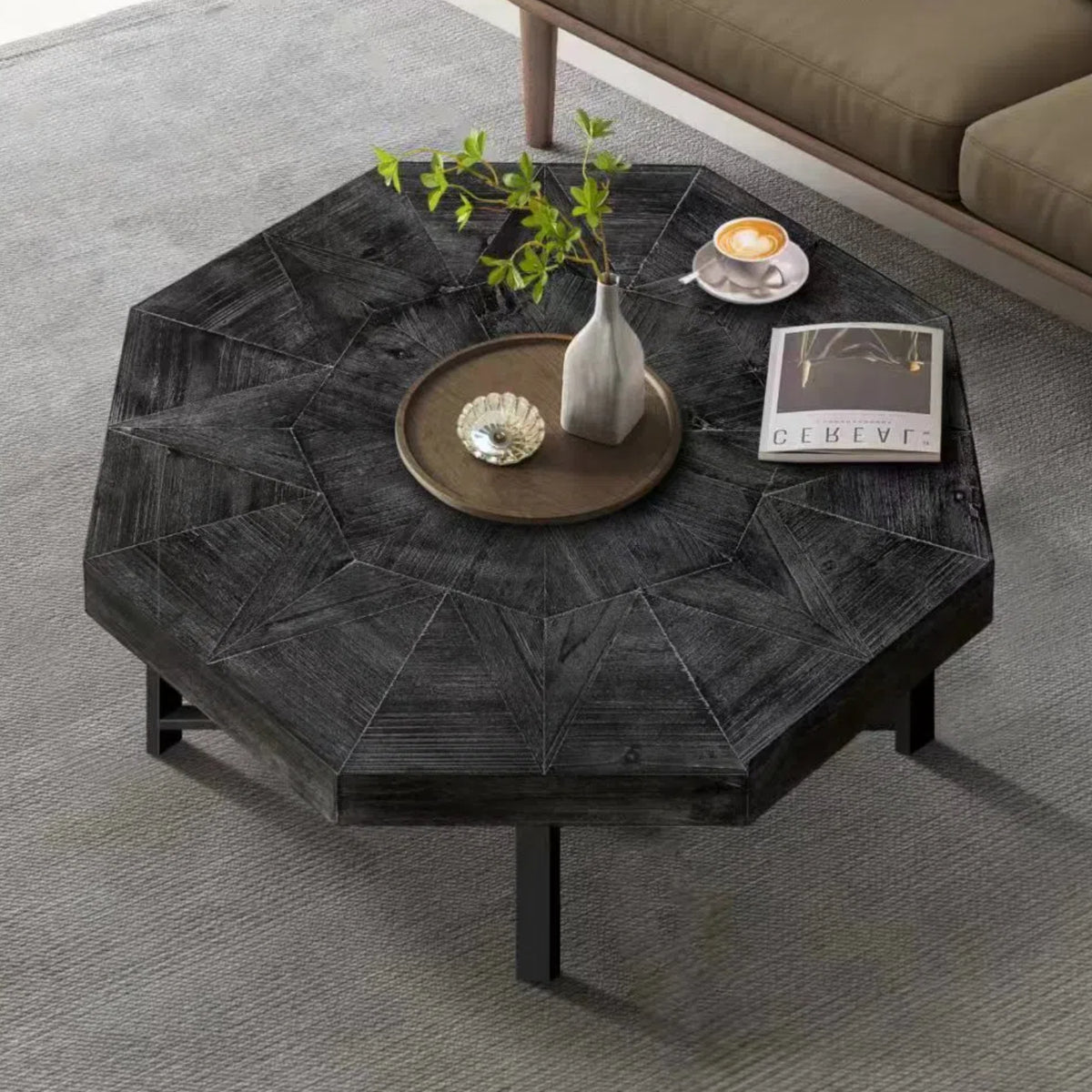 Black Farmhouse Octagonal Patchwork Coffee Table, 29.1 in