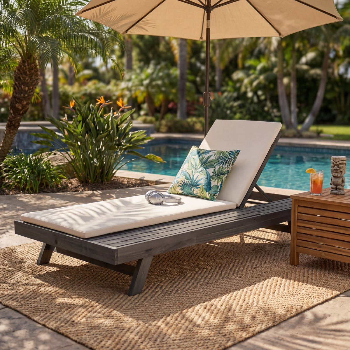 Black Solid Wood Outdoor Chaise Lounge, Cream Cushion