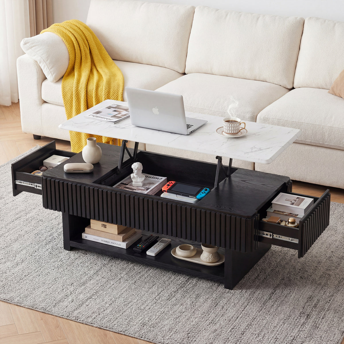 Black Fluted Lift-Top Coffee Table with Drawers, 47.2 in