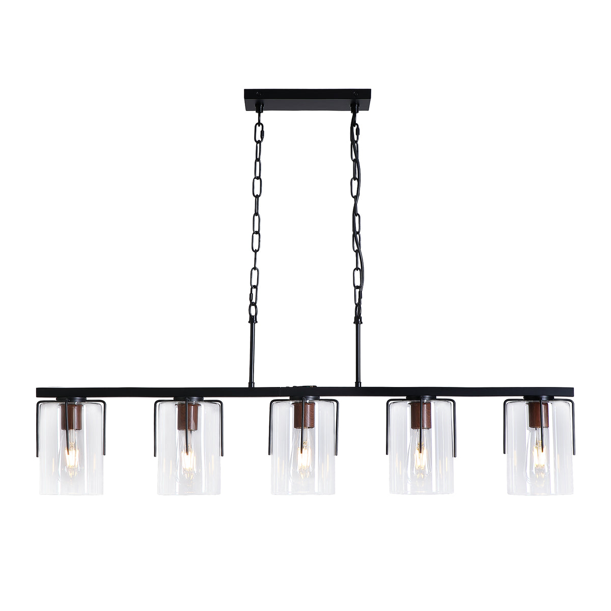 Linear Chandelier with Glass Shades, 5-Light, Black Finish